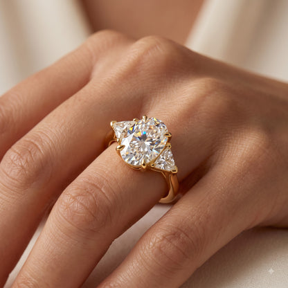 3.00ct Oval Cut Lab Grown Diamond Engagement Ring, 14K Gold Three Stone Ring