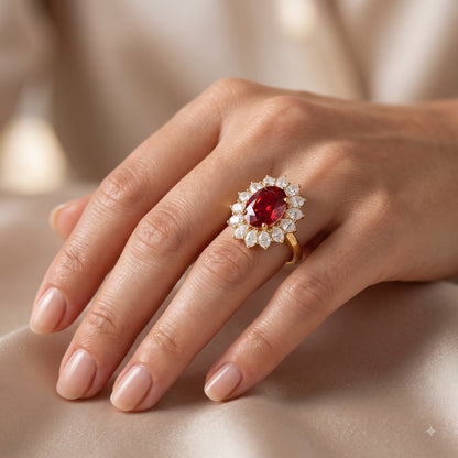 4.400CT Red Oval Cut Diamond Floral Halo Engagement Ring