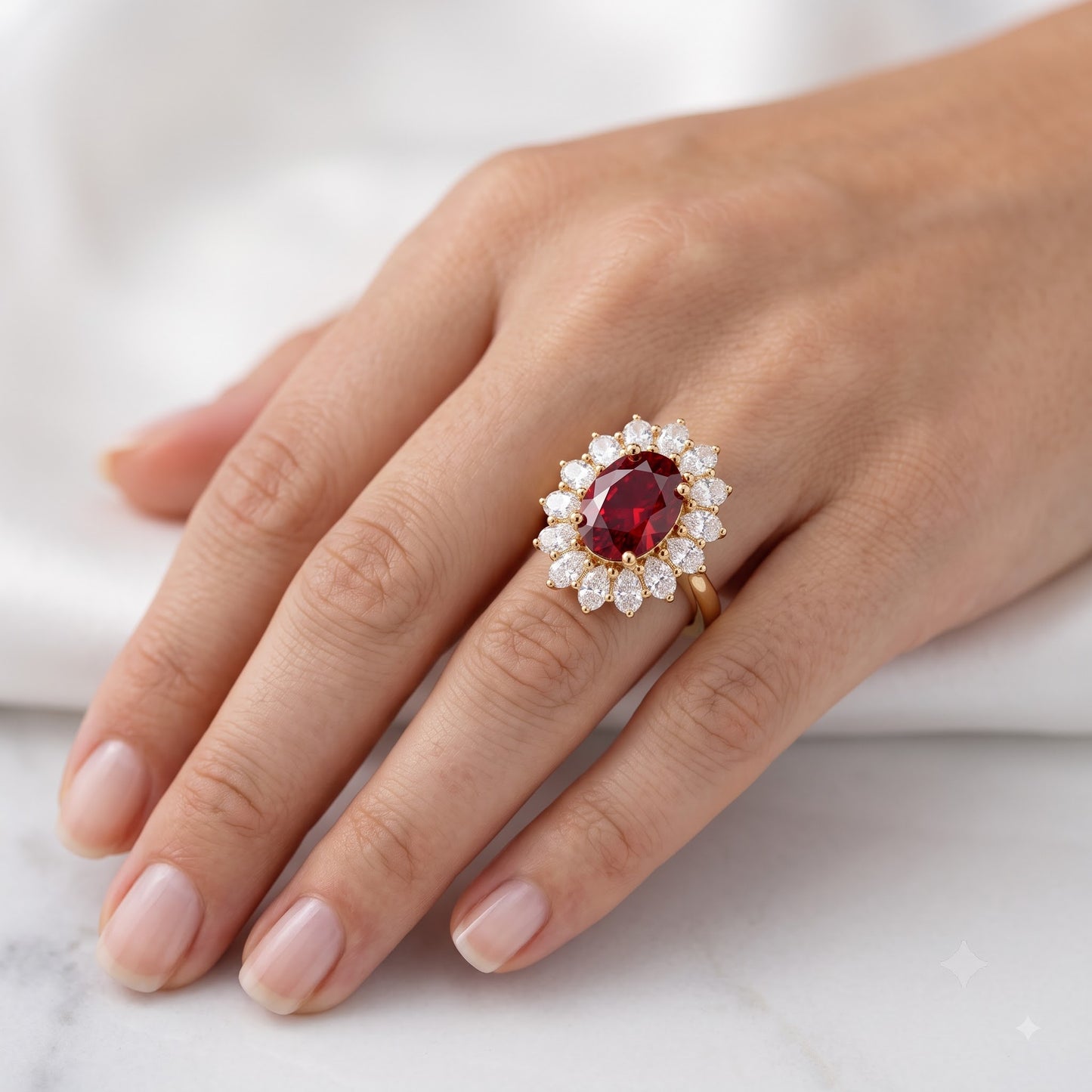 4.400CT Red Oval Cut Diamond Floral Halo Engagement Ring