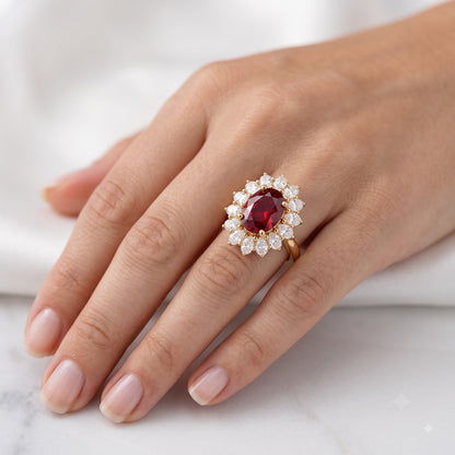 4.400CT Red Oval Cut Diamond Floral Halo Engagement Ring