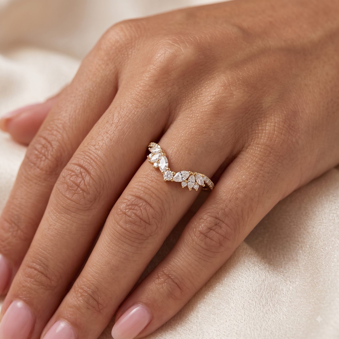 0.600 ct Marquise & Round Cut Lab Grown Diamond V Shape Curved  Band Ring
