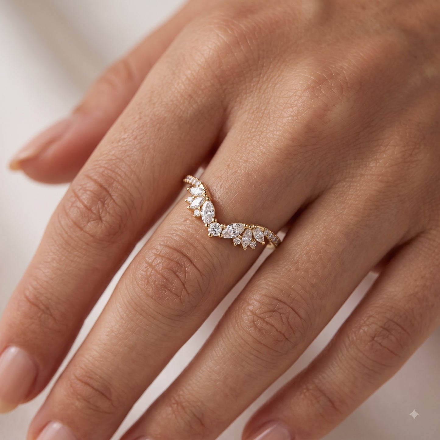0.600 ct Marquise & Round Cut Lab Grown Diamond V Shape Curved  Band Ring