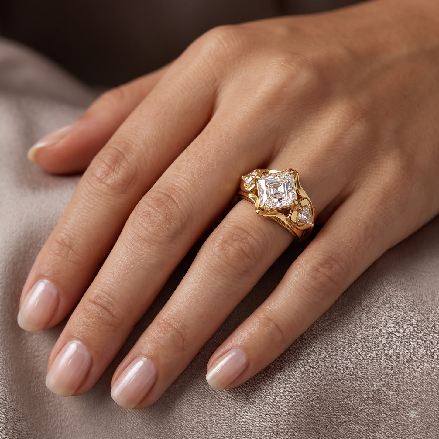 1.00CT Asscher Cut Lab Grown Diamond Three Stone Engagement Ring