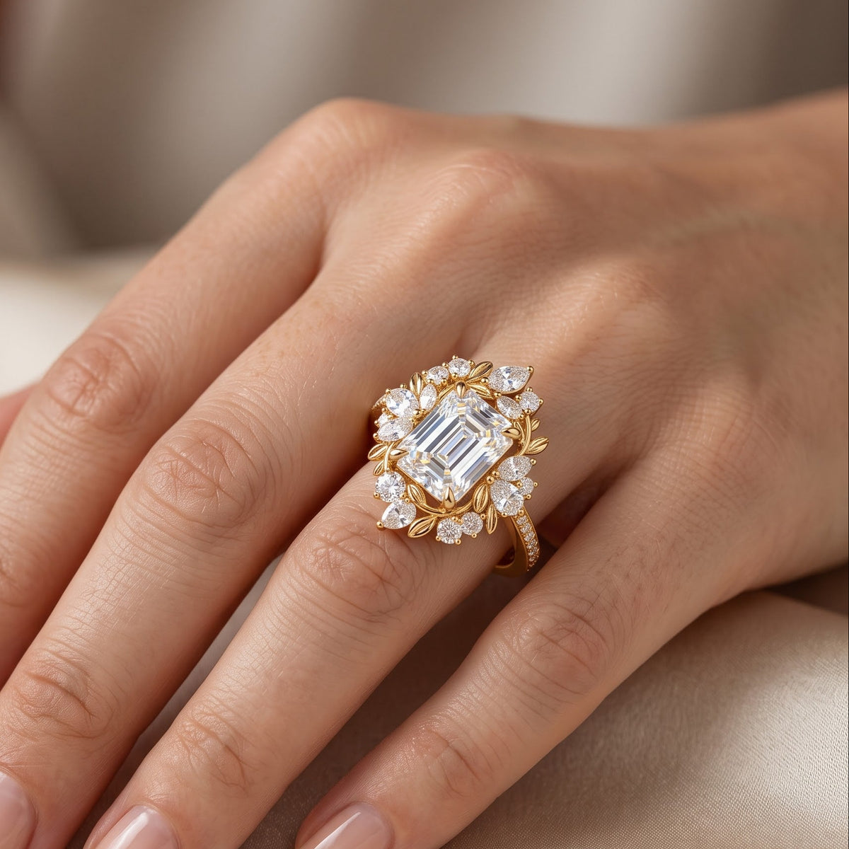 emerald cut lab grown diamond halo ring