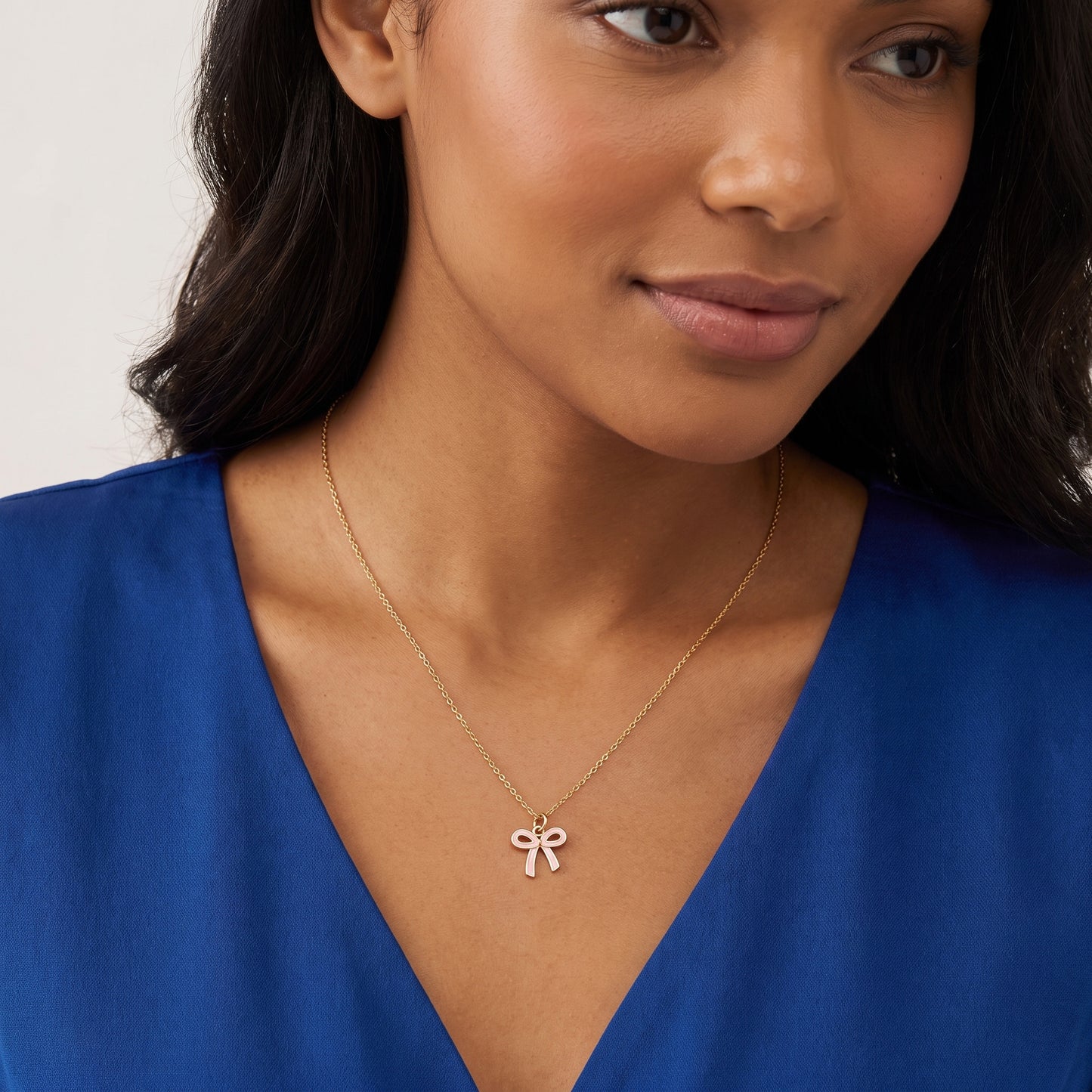 Pink Bow Necklace, 14K Gold Bow Pendant Necklace
