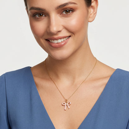 Pink Bow Necklace, 14K Gold Bow Pendant Necklace
