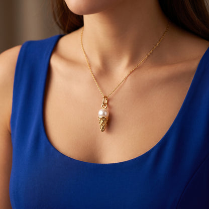 Pearl Ice Cream Cone Pendant Necklace, 14K Gold