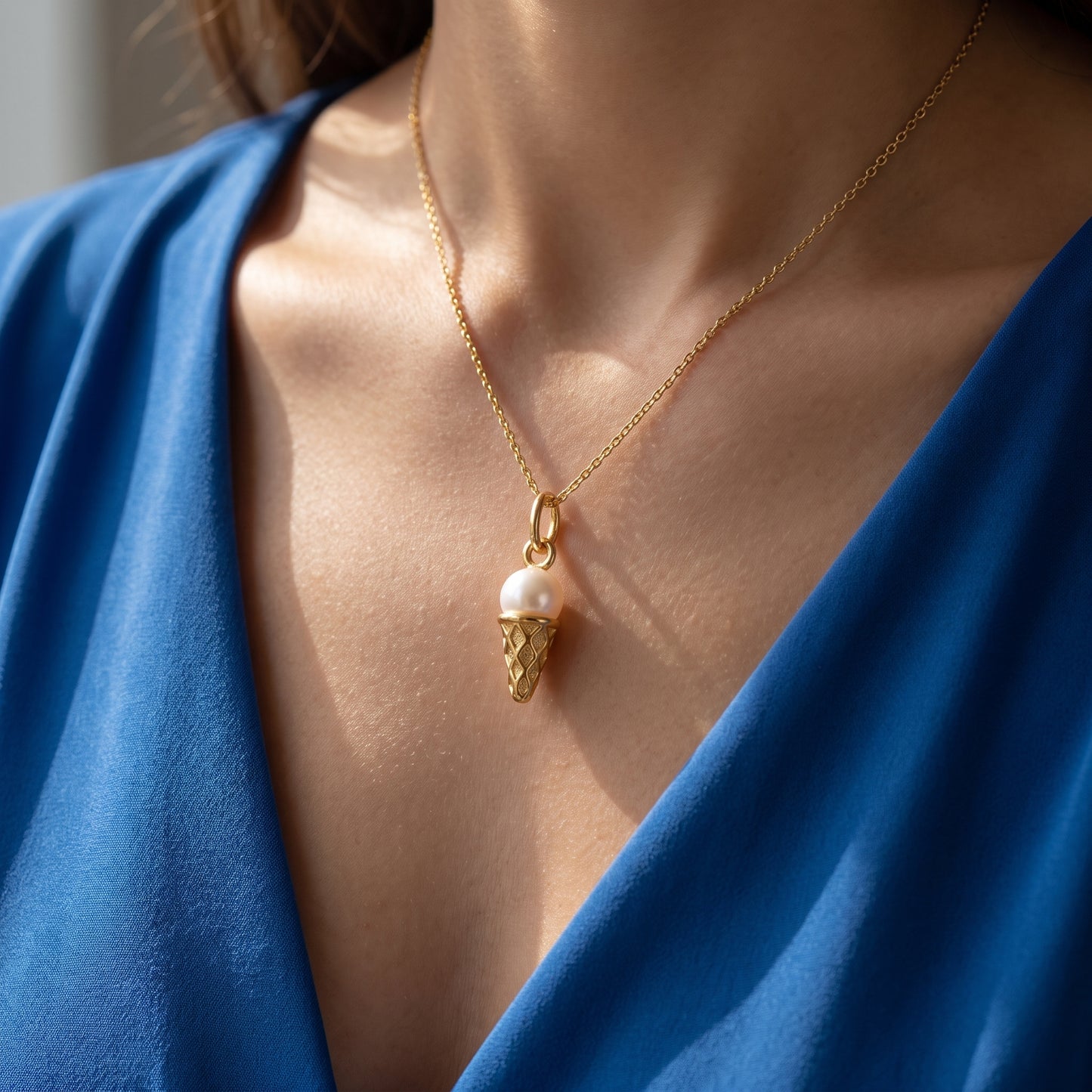 Pearl Ice Cream Cone Pendant Necklace, 14K Gold