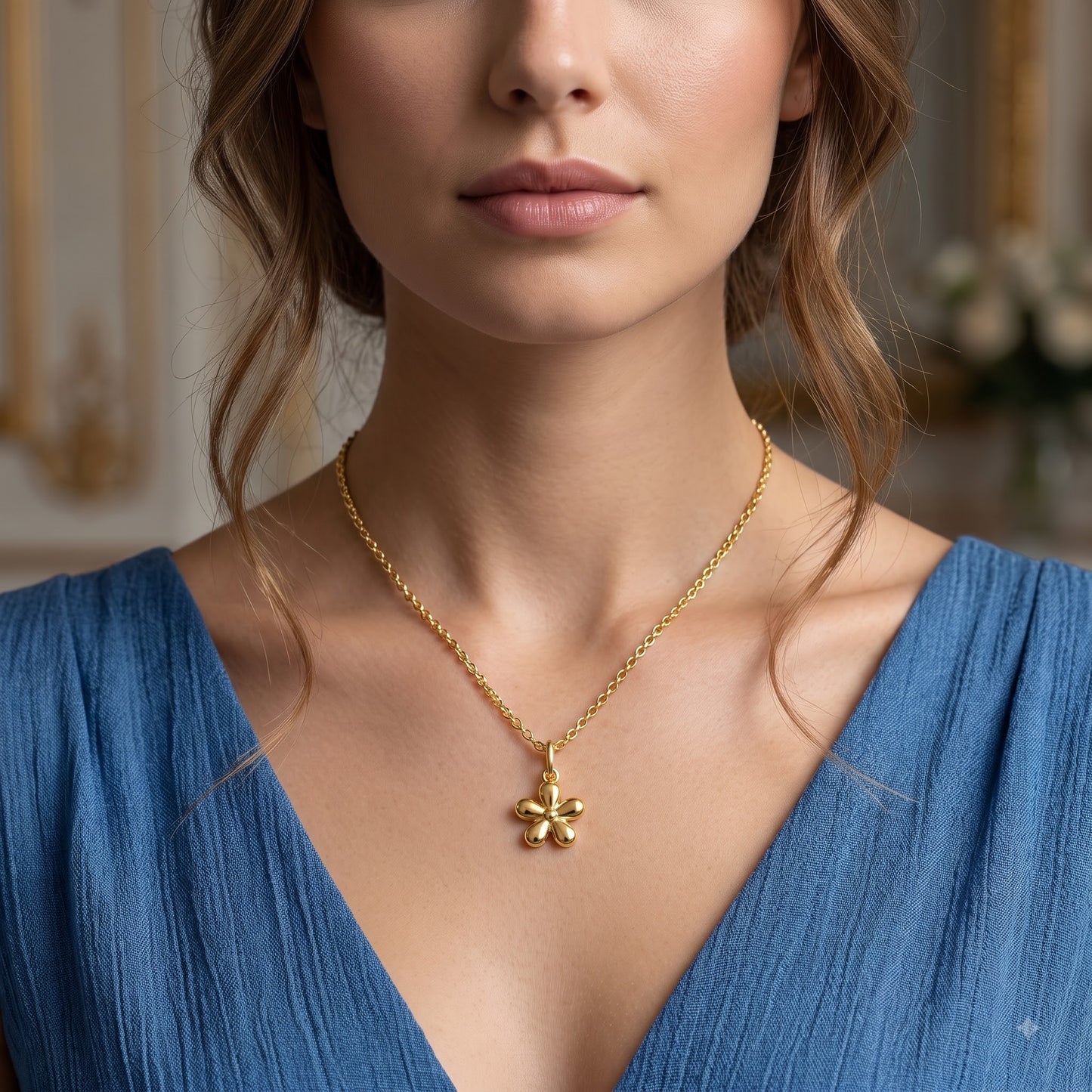 14k Gold Flower Charm Dainty Floral Pendant Necklace