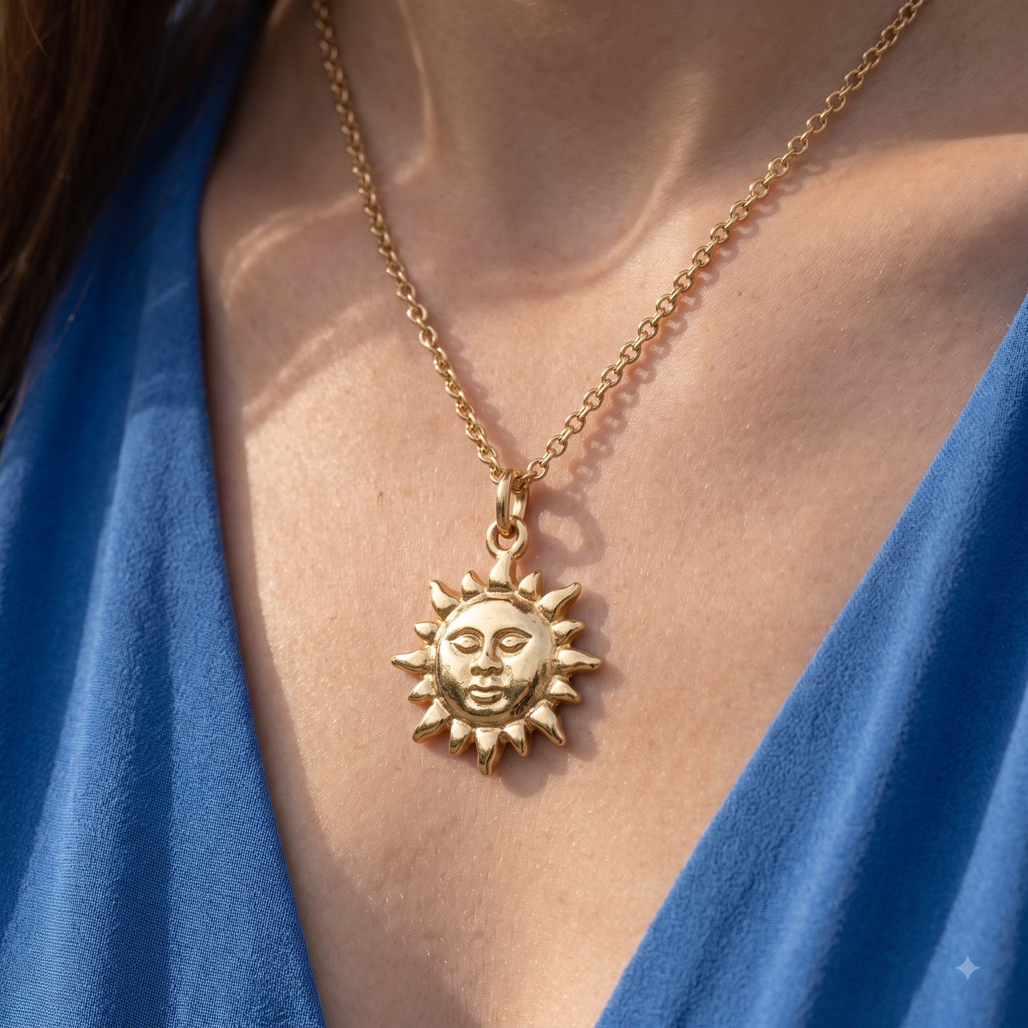 14k Gold Celestial Sun Face Pendant Necklace