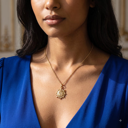 14k Gold Celestial Sun Face Pendant Necklace
