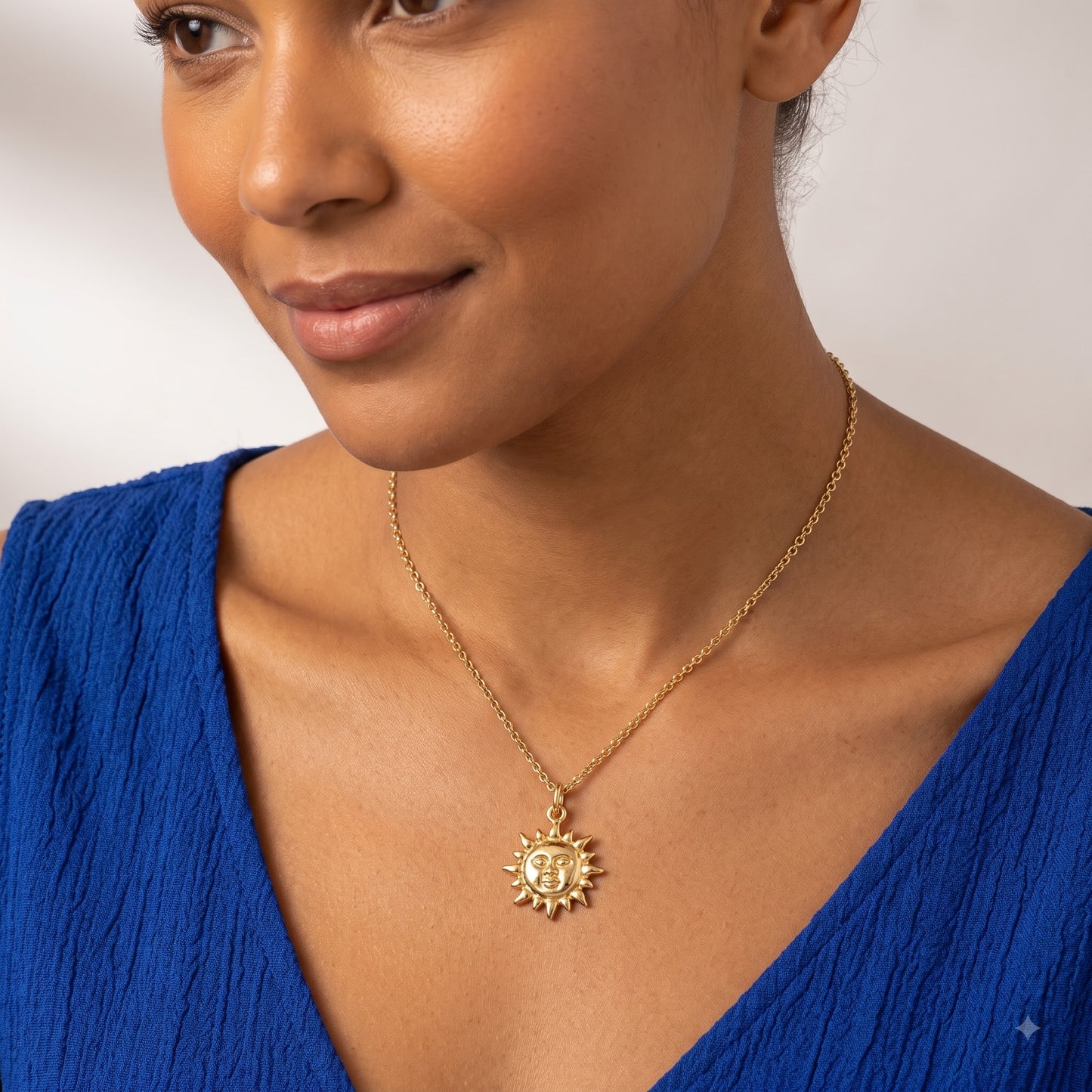 14k Gold Celestial Sun Face Pendant Necklace