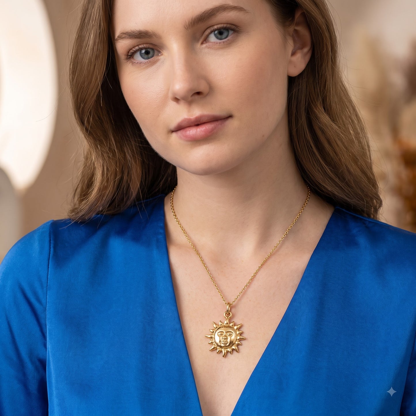 14k Gold Celestial Sun Face Pendant Necklace
