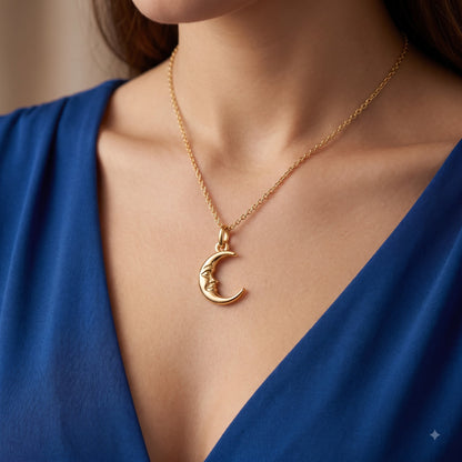 Crescent Moon Face Pendant Necklace, 14K Solid Gold