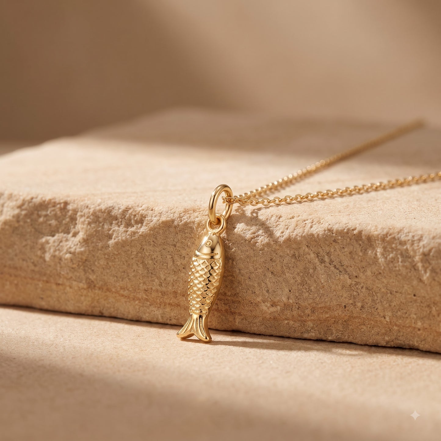 14K Solid Gold Fish Charm Pendant Necklace