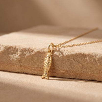 14K Solid Gold Fish Charm Pendant Necklace