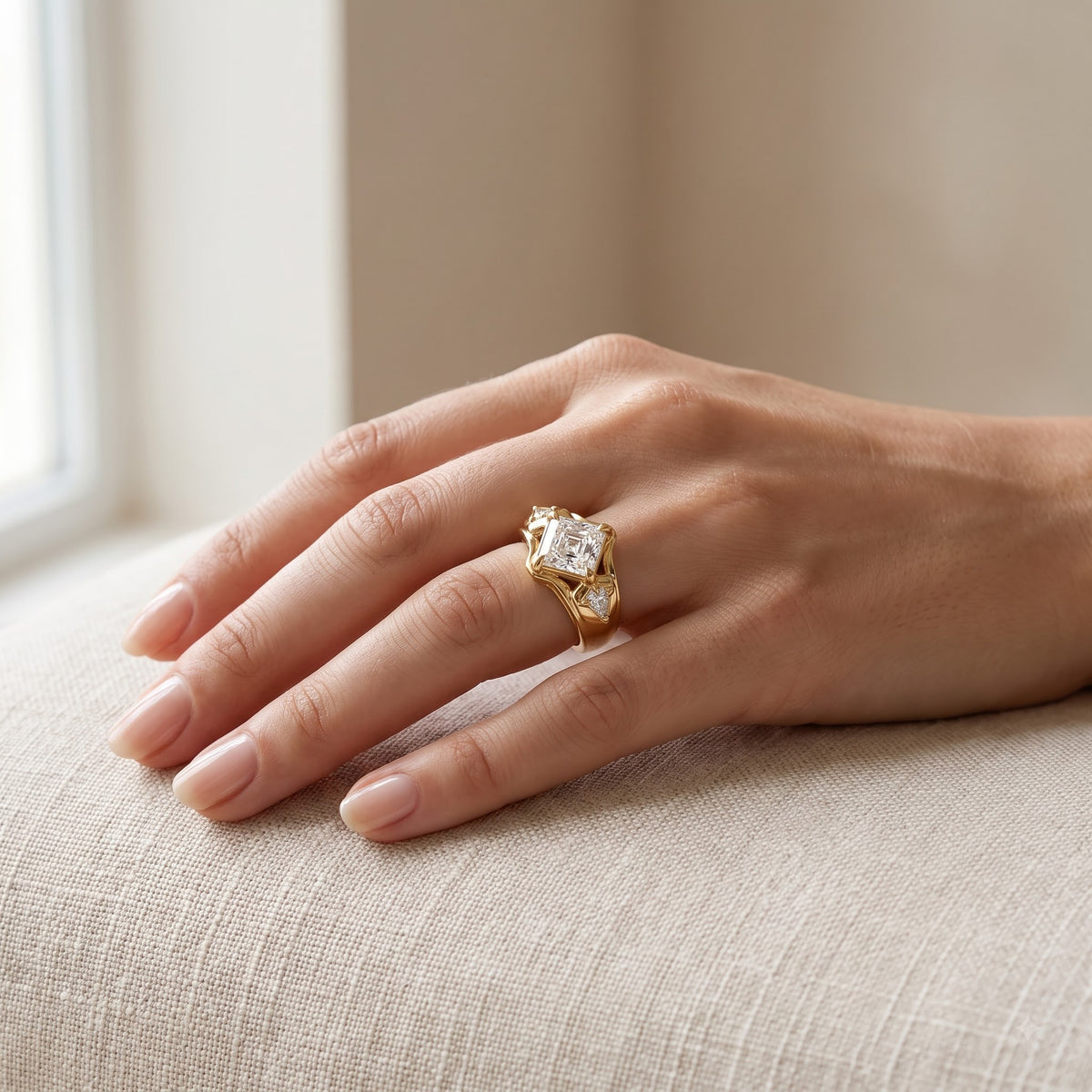 1.00CT Asscher Cut Lab Grown Diamond Three Stone Engagement Ring