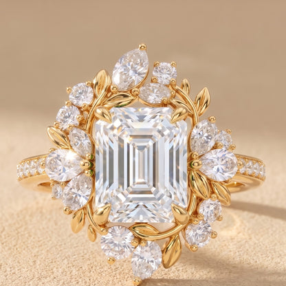 floral emerald cut diamond ring