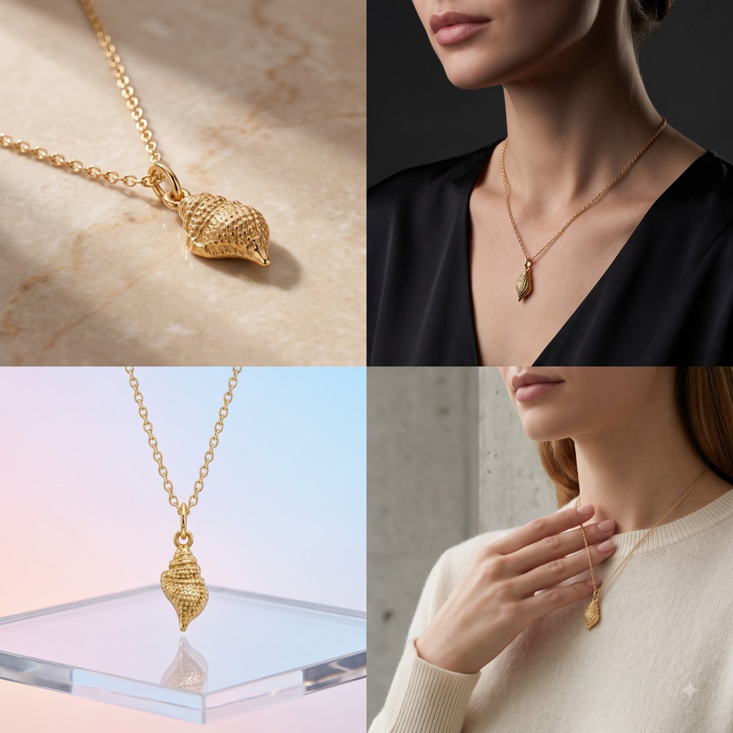 14K Solid Gold Sea Shell Charm Pendant Necklace