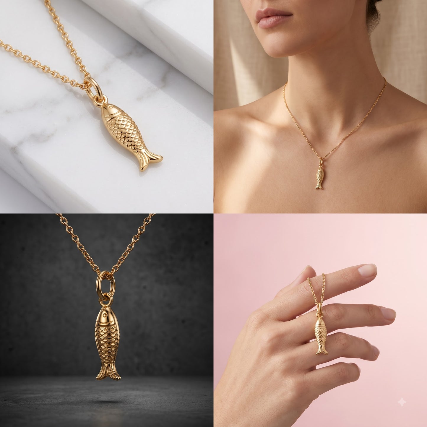 14K Solid Gold Fish Charm Pendant Necklace