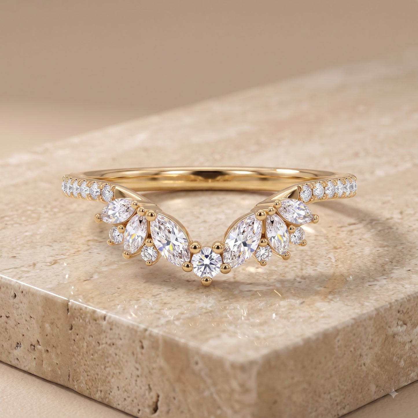 0.600 ct Marquise & Round Cut Lab Grown Diamond V Shape Curved  Band Ring