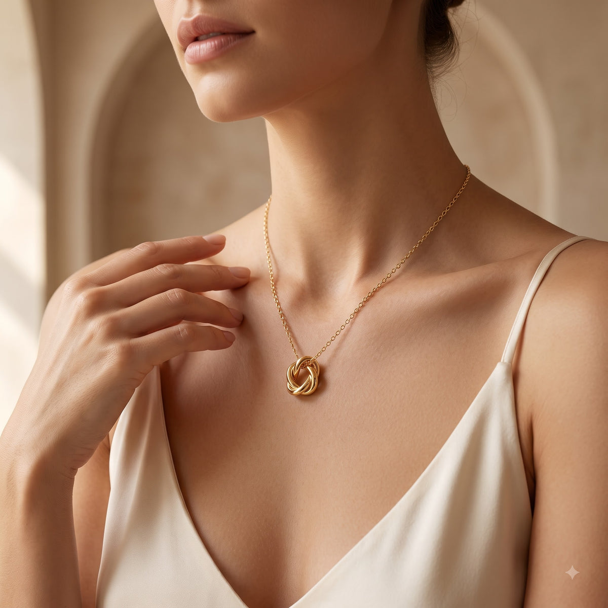 14K Solid Gold Knot Interlocking Circle Pendant Necklace