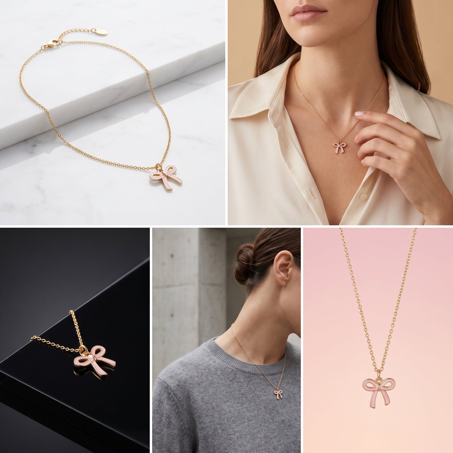 Pink Bow Necklace, 14K Gold Bow Pendant Necklace