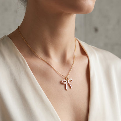 Pink Bow Necklace, 14K Gold Bow Pendant Necklace
