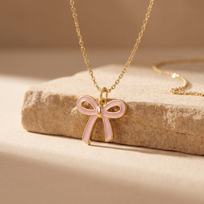 Pink Bow Necklace, 14K Gold Bow Pendant Necklace