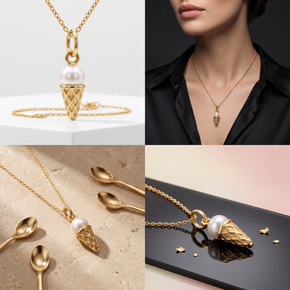 Pearl Ice Cream Cone Pendant Necklace, 14K Gold