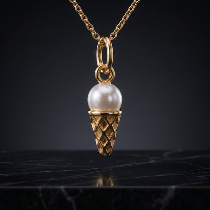 Pearl Ice Cream Cone Pendant Necklace, 14K Gold