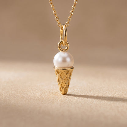 Pearl Ice Cream Cone Pendant Necklace, 14K Gold