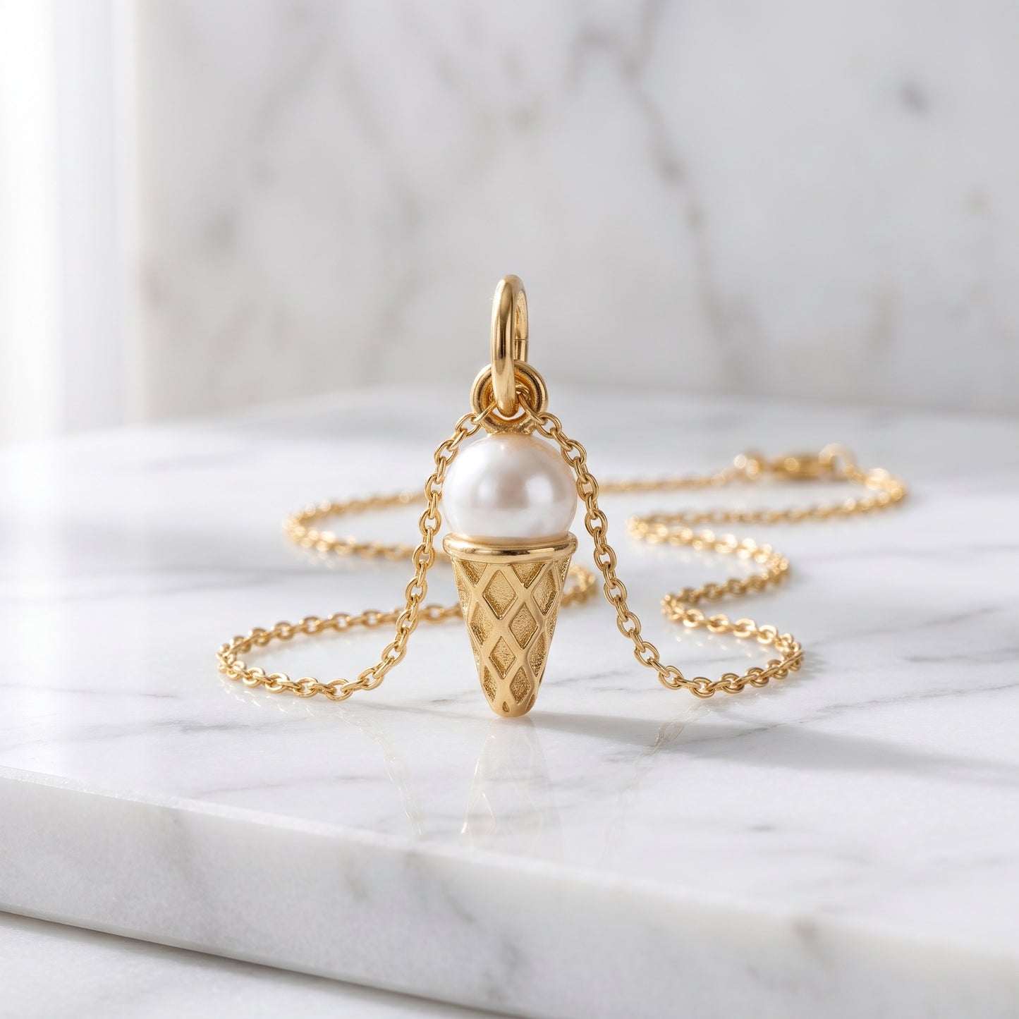 Pearl Ice Cream Cone Pendant Necklace, 14K Gold