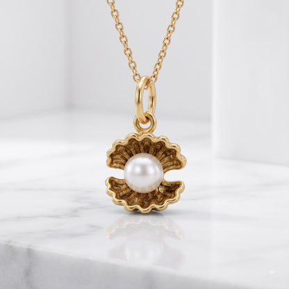 Pearl Oyster Necklace, 14K Gold Pearl Pendant Necklace