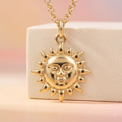 14k Gold Celestial Sun Face Pendant Necklace