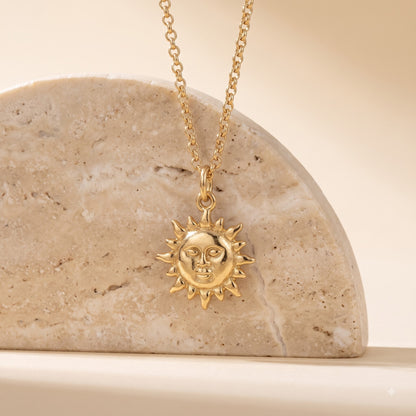 14k Gold Celestial Sun Face Pendant Necklace