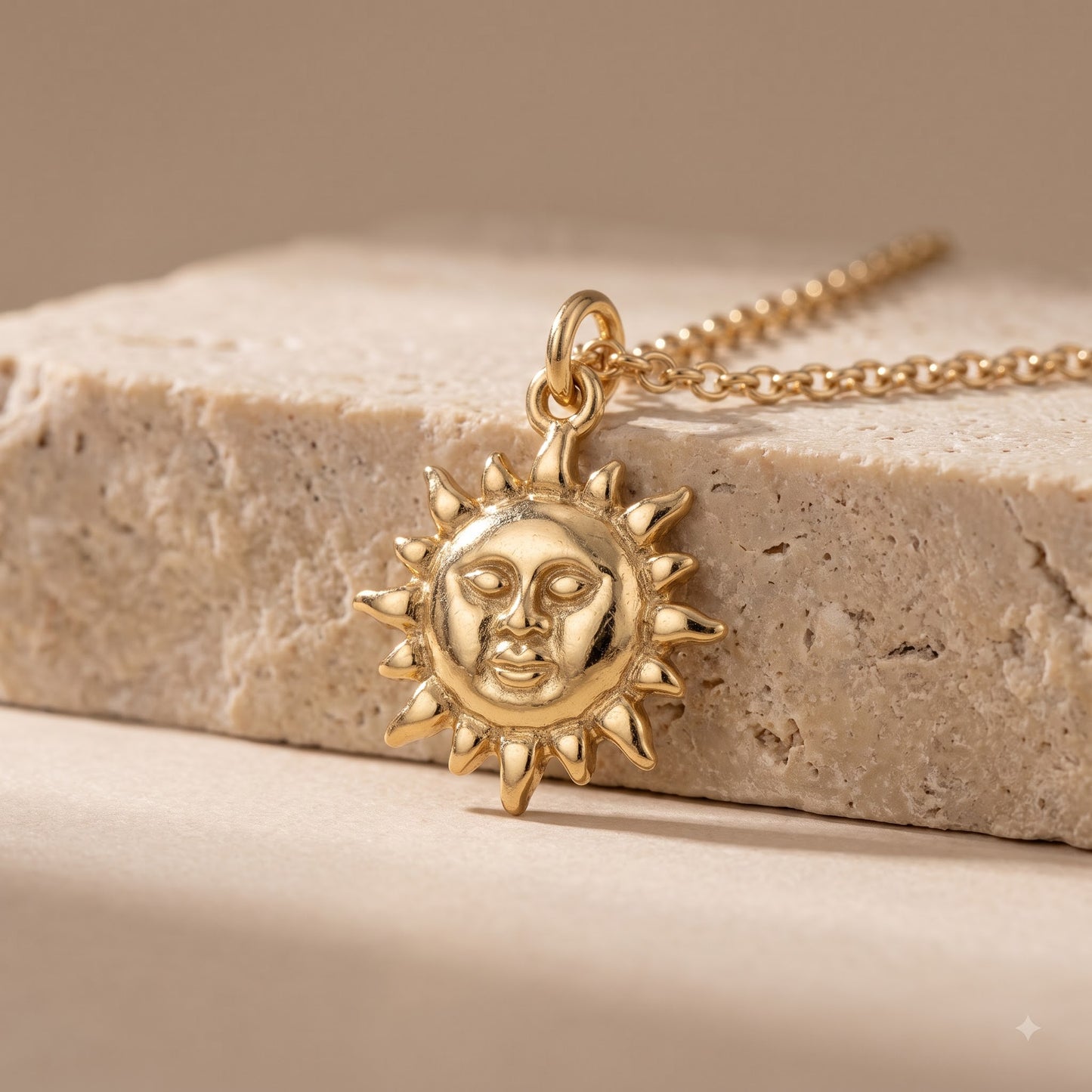 14k Gold Celestial Sun Face Pendant Necklace