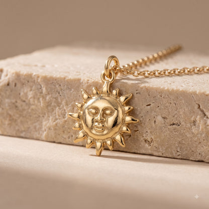 14k Gold Celestial Sun Face Pendant Necklace