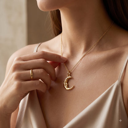 Crescent Moon Face Pendant Necklace, 14K Solid Gold