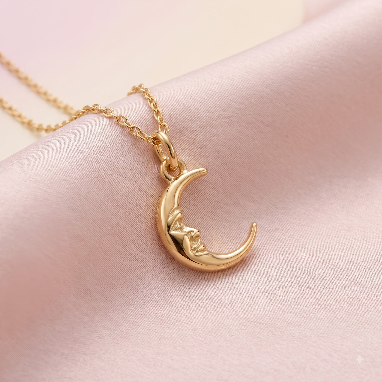 Crescent Moon Face Pendant Necklace, 14K Solid Gold