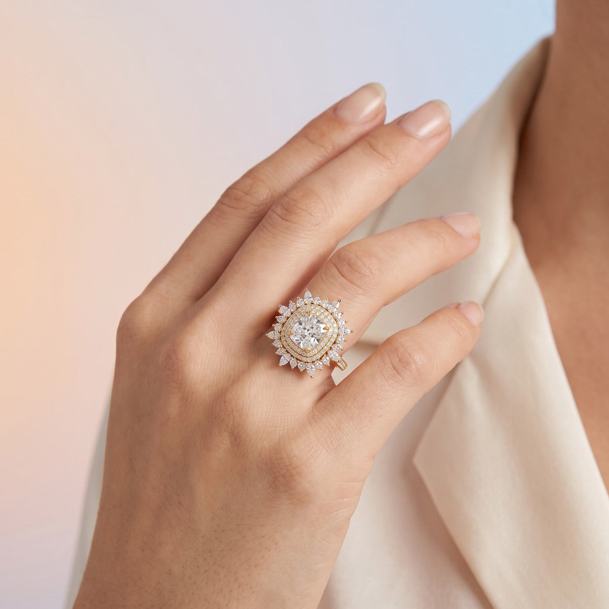 floral cushion cut lab grown diamond ring