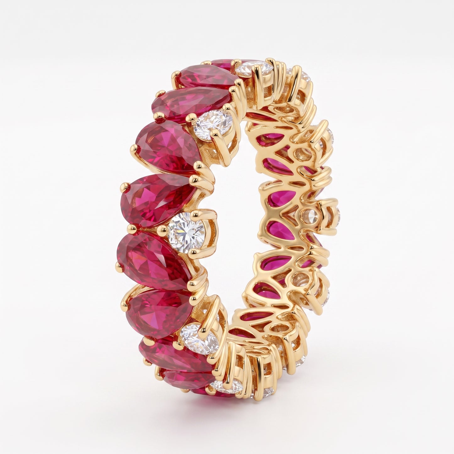 2.60 ct Pear Cut Ruby & Lab Grown Diamond Eternity Wedding Band Ring