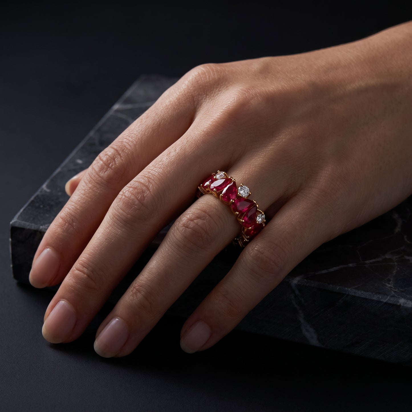 2.60 ct Pear Cut Ruby & Lab Grown Diamond Eternity Wedding Band Ring