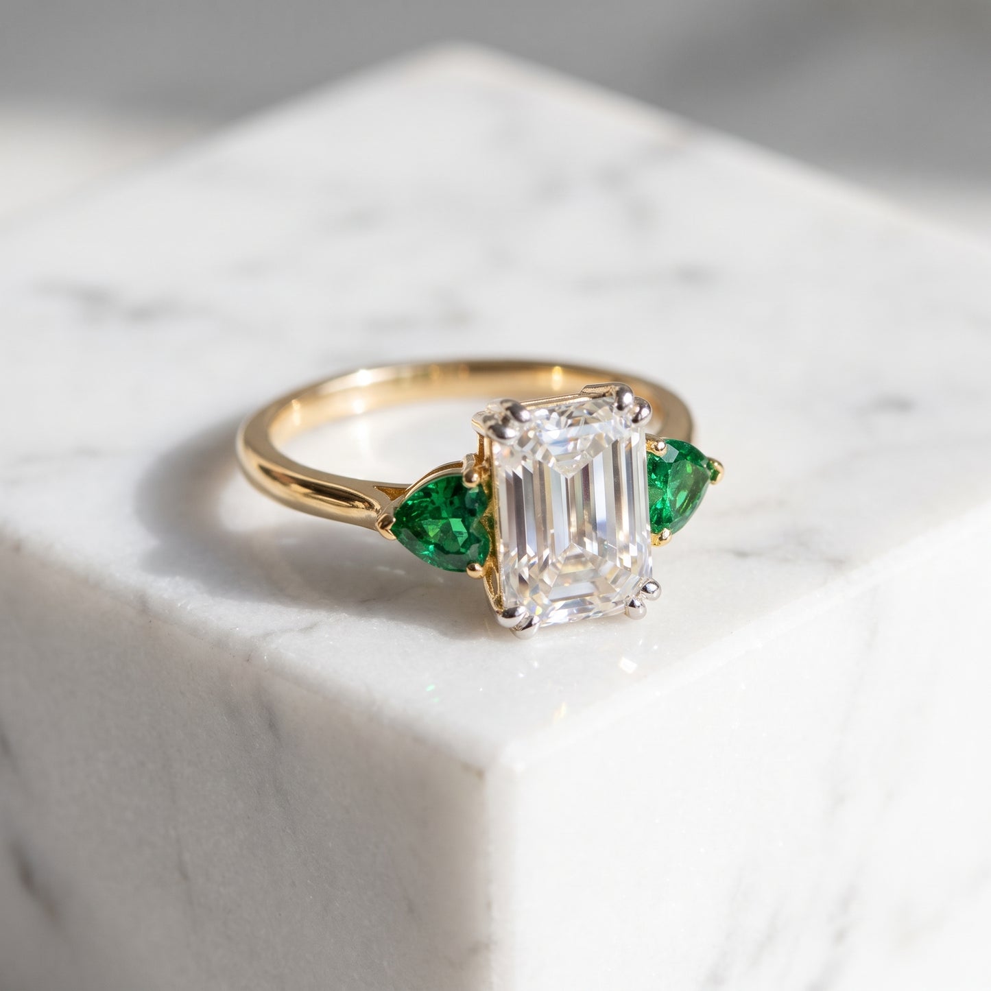 3.20ct Emerald Cut Lab Grown Diamond Three Stone Engagement Ring