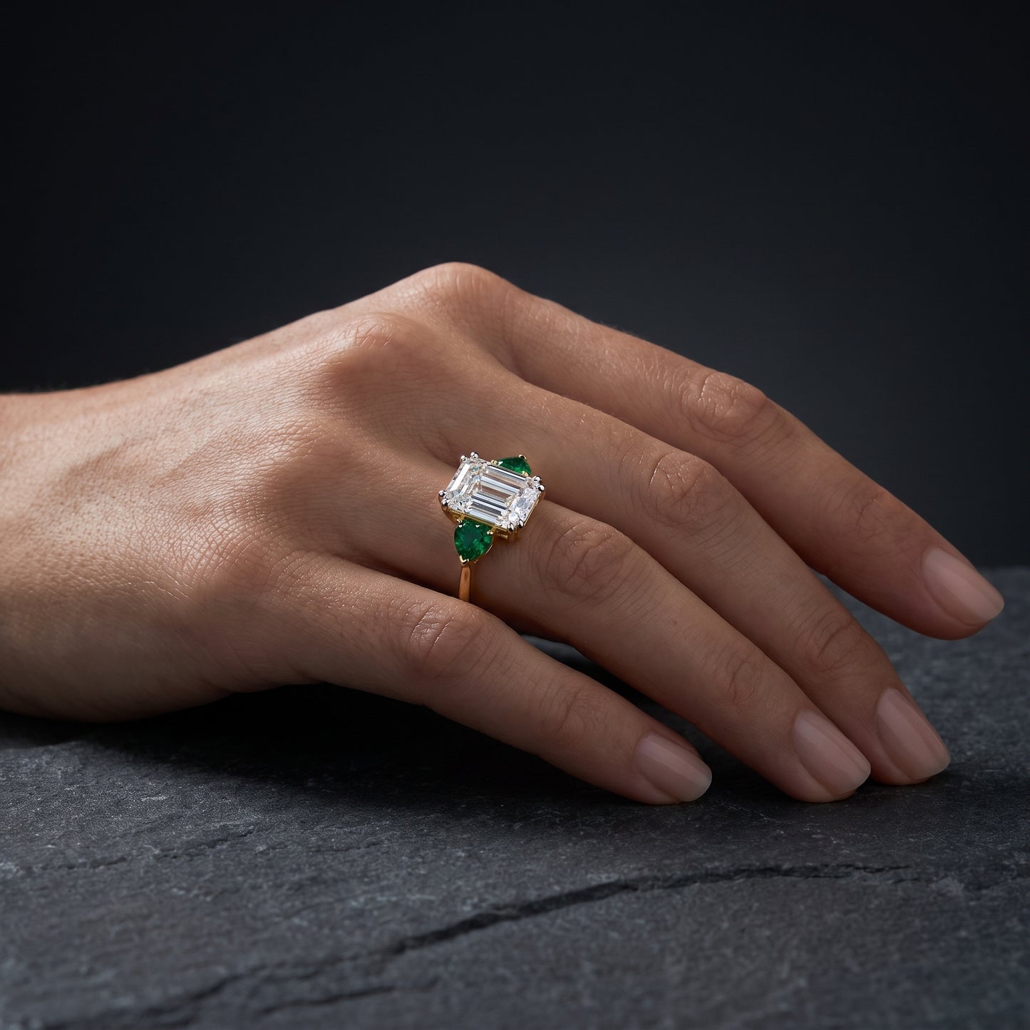 3.20ct Emerald Cut Lab Grown Diamond Three Stone Engagement Ring