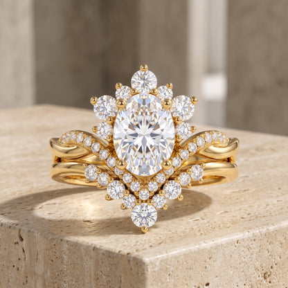 2.60ct Oval Cut Lab Grown Diamond Bridal Ring Set, Floral Halo Engagement Ring