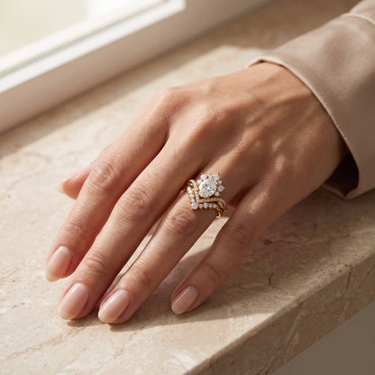 2.60ct Oval Cut Lab Grown Diamond Bridal Ring Set, Floral Halo Engagement Ring