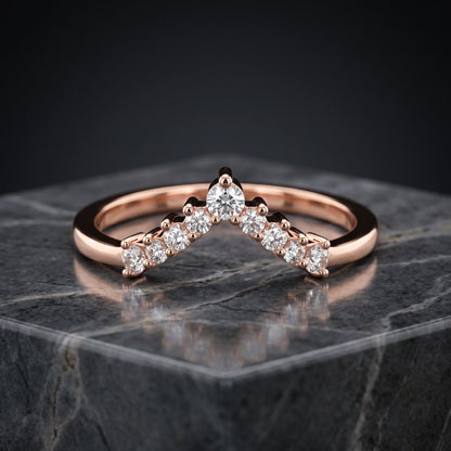 0.200 ct V Shape Curved Lab Grown Diamond Wedding Band Ring, 14K Gold
