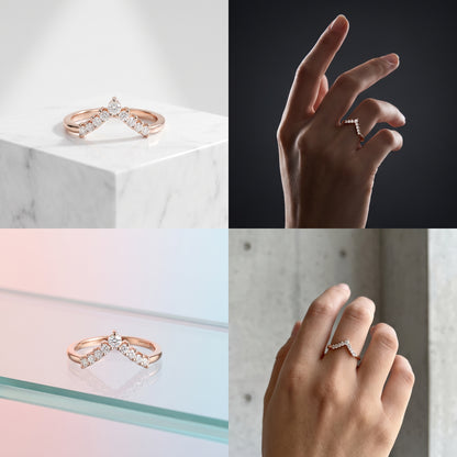 0.200 ct V Shape Curved Lab Grown Diamond Wedding Band Ring, 14K Gold