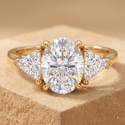 3.00ct Oval Cut Lab Grown Diamond Engagement Ring, 14K Gold Three Stone Ring